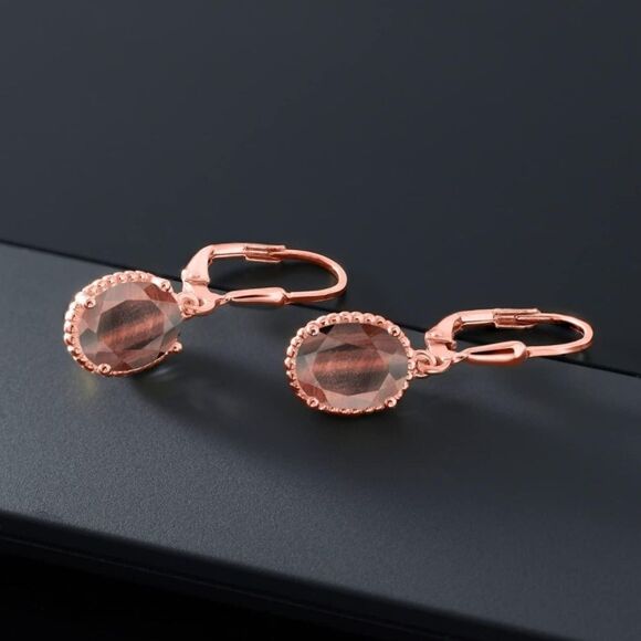 18K Rose Gold 925 with 3.00 Cttw Red Tiger Eye Oval Leverback Hook Earrings - Picture 2 of 4